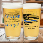 Police Retirement Thin Blue Line Personalized  Glass<br><div class="desc">The Man The Myth The Legend! Thin Blue Line Police Retirement Beer Glass . USA American flag design in Police Flag colors, modern trendy black white and blue design. Personalize with police officers name, department and retirement date. See our collection for matching police retirement invitations, police gifts, police retirement party...</div>