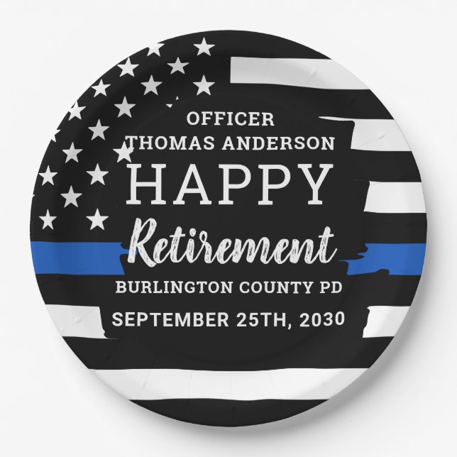 Police Retirement Thin Blue Line Police Flag Paper Plates (Front)