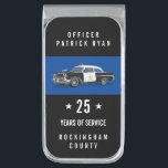 Police Retirement Vintage Police Car Monogram Name Silver Finish Money Clip<br><div class="desc">This money clib is a unique gift for police officers retiring from service This design features a vintage police car on a blue line background. Above is a name in white typography on black and below years of service and name of the town or county for you to personalize. Designed...</div>