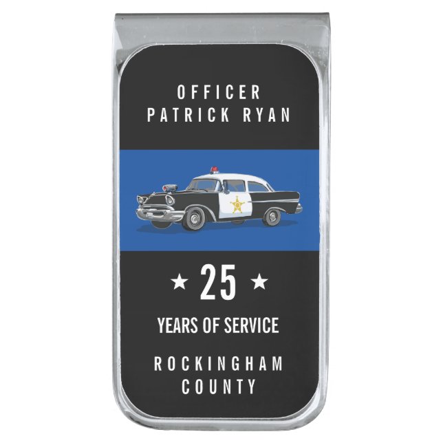 Police Retirement Vintage Police Car Monogram Name Silver Finish Money Clip (Front Vertical)