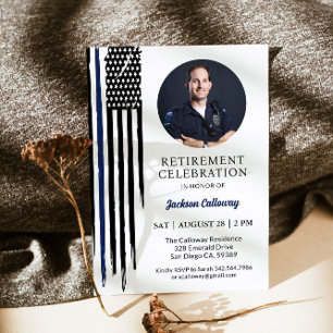 Police Retirement, Watercolor Thin Blue Line Flag Invitation
