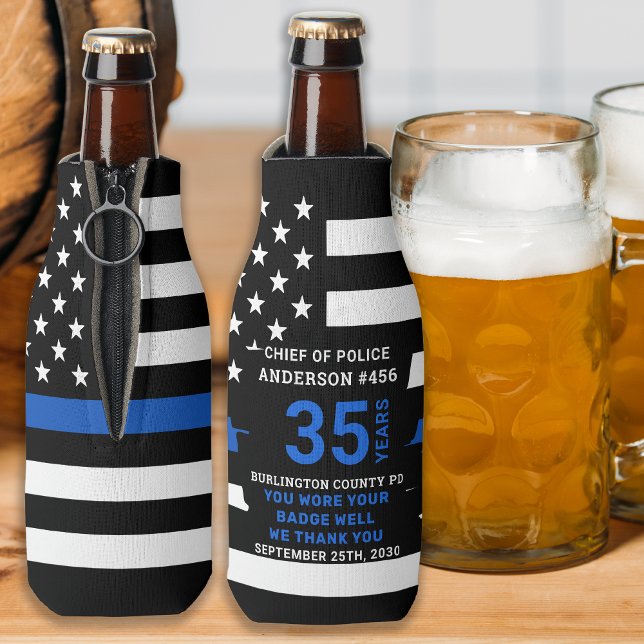 Police Retirement Years Of Service Thin Blue Line Bottle Cooler (Creator Uploaded)