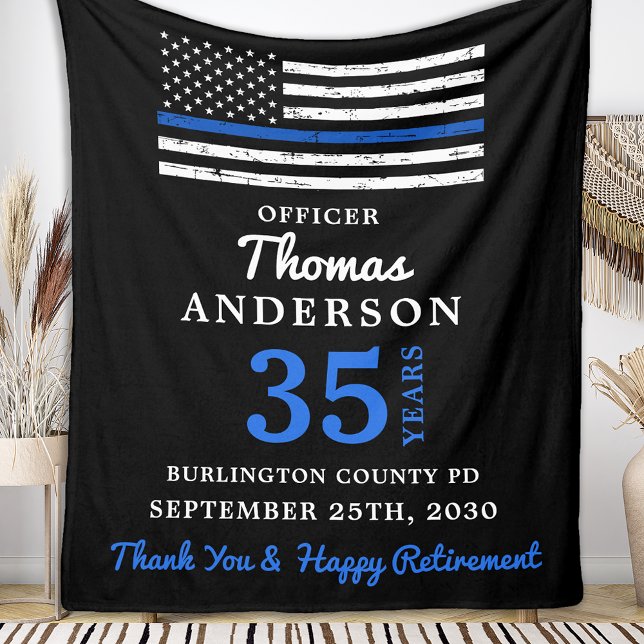 Police Retirement Years Of Service Thin Blue Line Fleece Blanket (Creator Uploaded)