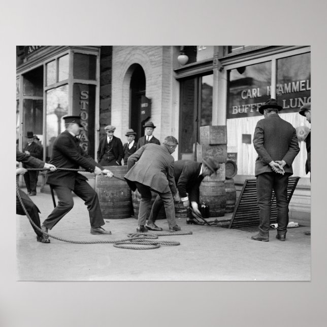 Police Seizing Bootleg Liquor, 1923. Vintage Photo Poster