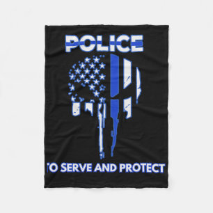 Police Skull Design Tribute With Blue Line Fleece Blanket