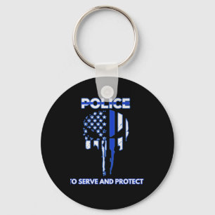 Police Skull Design Tribute With Blue Line Keychain