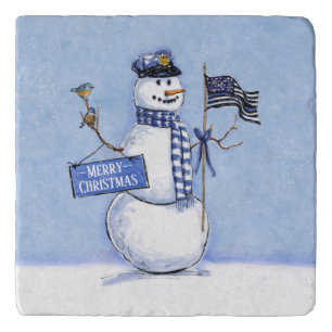 Police  Snowman Thin Blue Line Christmas Trivet