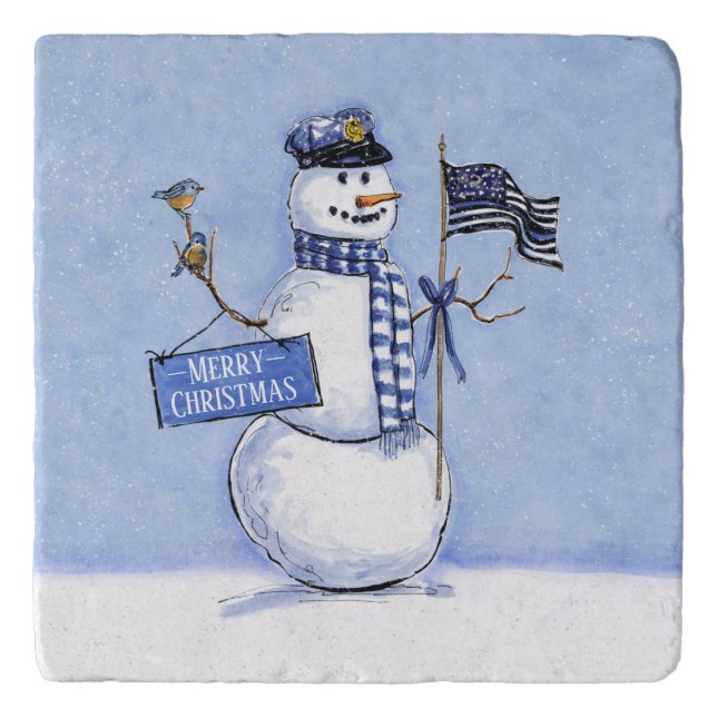 Police  Snowman Thin Blue Line Christmas Trivet (Front)