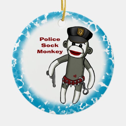 Police Sock Monkey blue ceramic round ornament