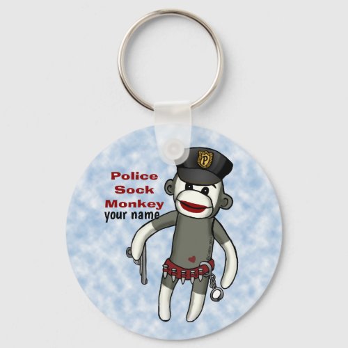 Police Sock Monkey custom name Keychain