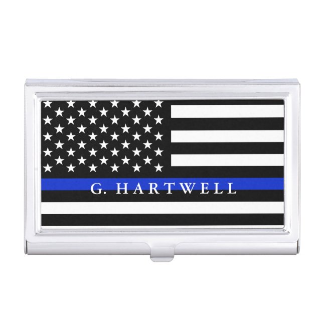 Police Styled American Flag Custom Name Business Card Case (Front)