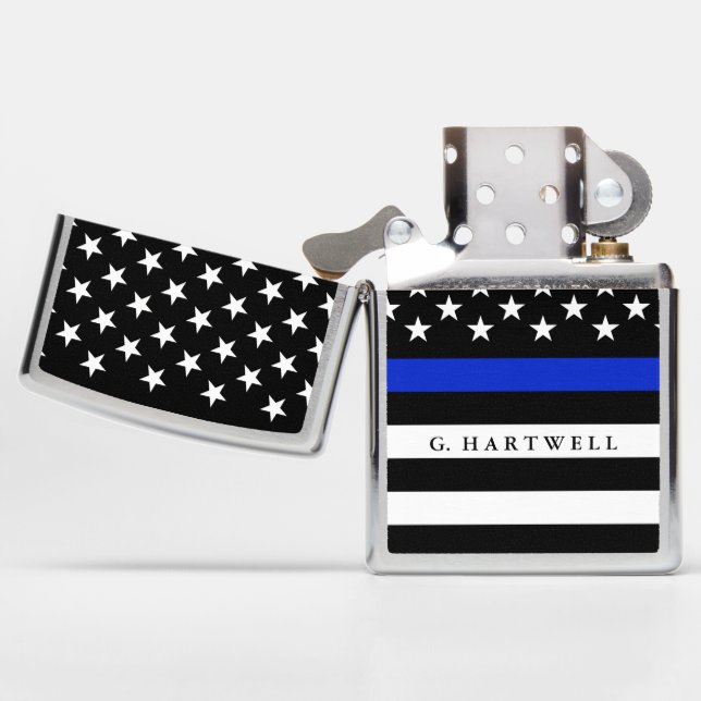 Police Styled American Flag Custom Name Zippo Lighter (Opened)