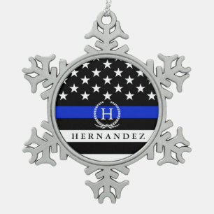 Police Styled American Flag Customized Monogram Snowflake Pewter Christmas Ornament