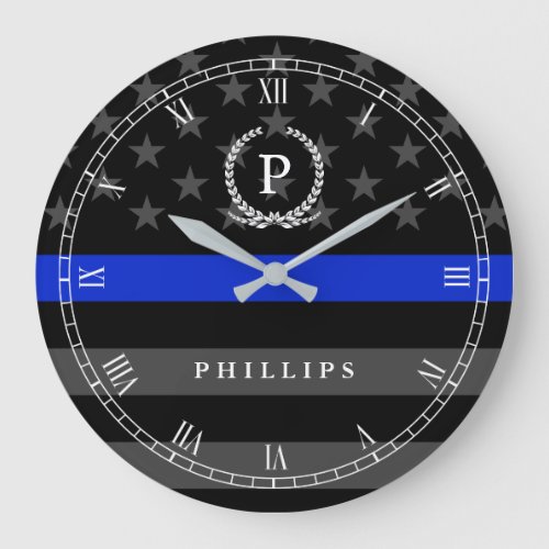 Police Styled American Flag Monogram Large Clock
