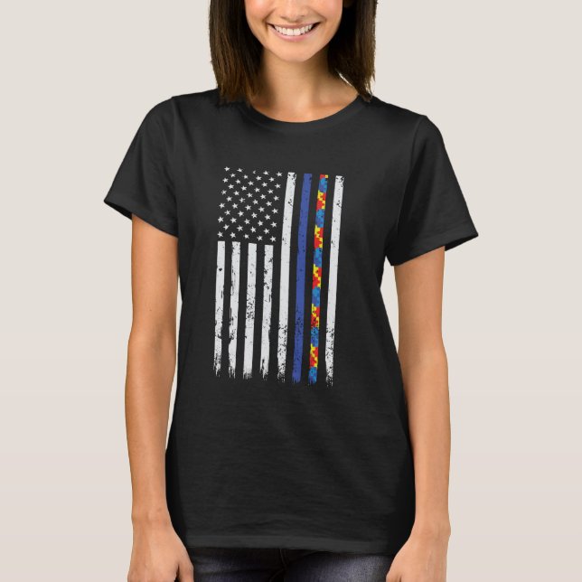 Police Support Autism Awareness Thin Blue Line Aut T-Shirt (Front)