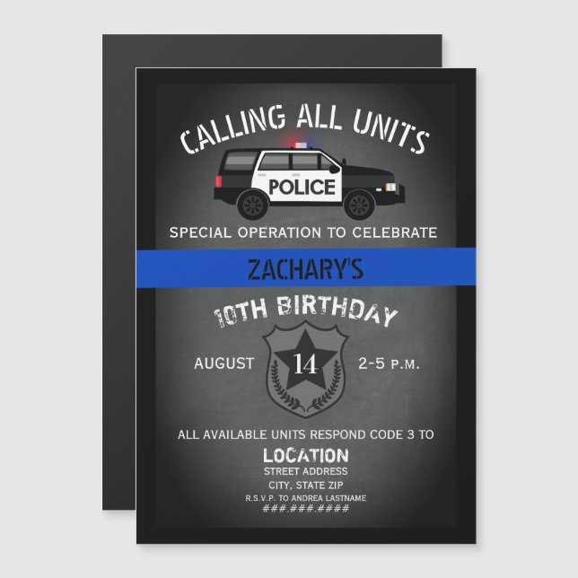 Police SUV Badge Thin Blue Line Birthday Magnetic Invitation (Front/Back)