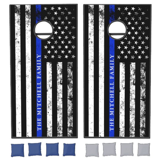 Police Themed Flag Custom Family Name Cornhole Set