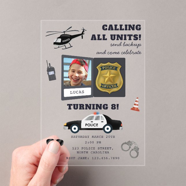 Police Themed Policeman Cop Birthday Photo Acrylic Invitations (Insitu (Handheld))