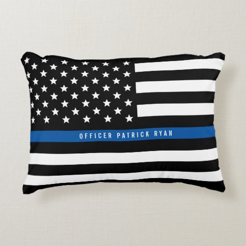 Police Thin Blue Line American Flag Add Name Accent Pillow