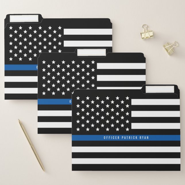 Police Thin Blue Line American Flag Add Name File Folder (Set)