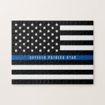 Police Thin Blue Line American Flag Add Name Jigsaw Puzzle<br><div class="desc">This police thin blue line puzzle features a black and white police thin blue line American flag  Personalize by replacing sample name with your own officer's name. Makes a great gift.</div>