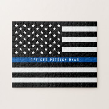 Police Thin Blue Line American Flag Add Name Jigsaw Puzzle by ilovedigis at Zazzle