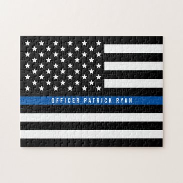 Police Thin Blue Line American Flag Add Name Jigsaw Puzzle