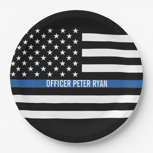 Police Thin Blue Line American Flag Add Name Paper Plates (Front)