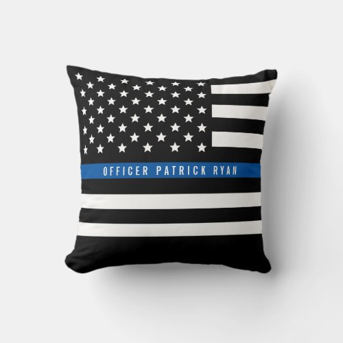 Police Thin Blue Line American Flag Add Name Throw Pillow