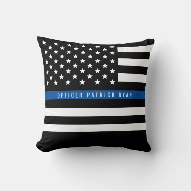 Police Thin Blue Line American Flag Add Name Throw Pillow (Front)