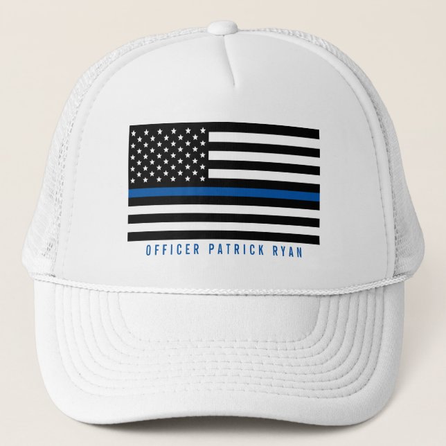 Police Thin Blue Line American Flag Add Name Trucker Hat (Front)