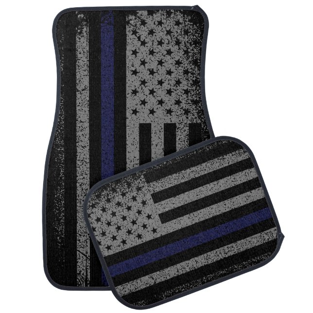 Police Thin Blue Line American Flag Car Floor Mat (Set)
