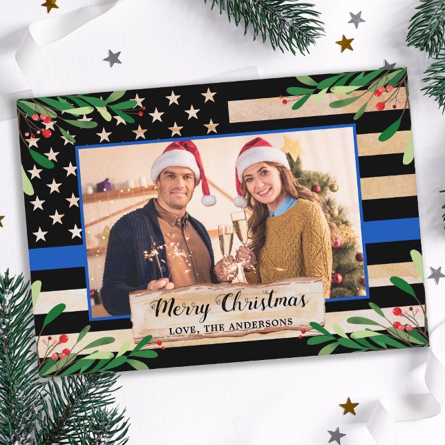 Police Thin Blue Line American Flag Christmas Holiday Card (Creator Uploaded)