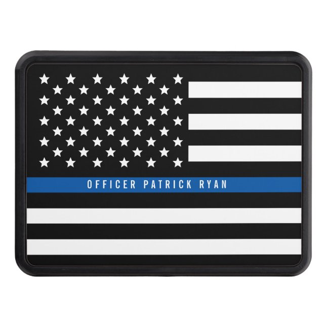 Police Thin Blue Line American Flag Custom Name Hitch Cover (Front)