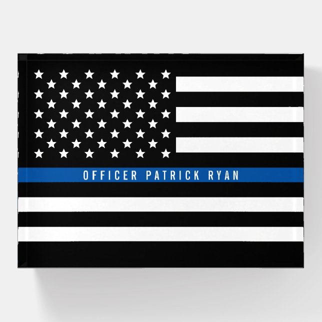 Police Thin Blue Line American Flag Custom Name Paperweight (Front)