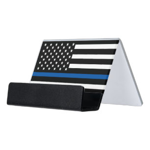 Police Thin Blue Line American Flag Desk Business Card Holder