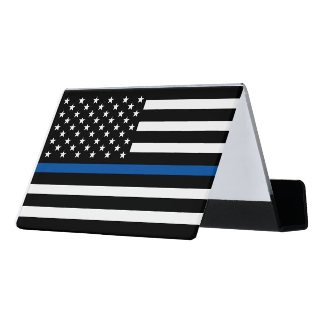 Police Thin Blue Line American Flag Desk Business Card Holder (Angled Back)