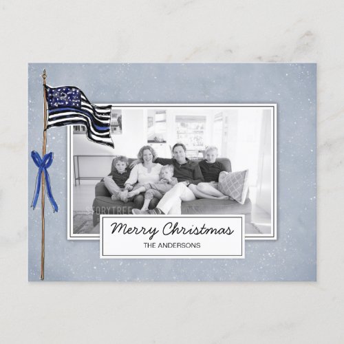Police Thin Blue Line American Flag Family Photo Holiday Postcard