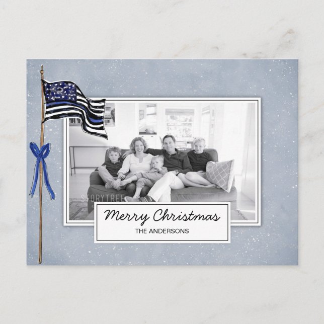 Police Thin Blue Line American Flag Family Photo Holiday Postcard (Front)