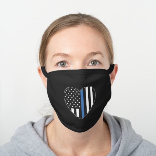 Police Thin Blue Line American Flag Heart Black Cotton Face Mask