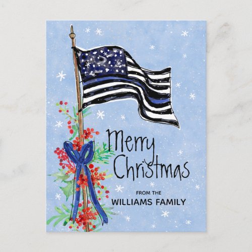 Police Thin Blue Line American Flag Holly Add Name Holiday Postcard