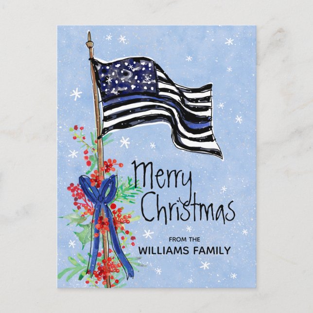 Police Thin Blue Line American Flag Holly Add Name Holiday Postcard (Front)