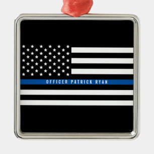 Police Thin Blue Line American Flag Metal Ornament