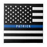 Police Thin blue Line American Flag Monogram Ceramic Tile<br><div class="desc">Show your support with this thin blue line police flag ceramic tile. The design features a black and white American flag with a blue stripe across the middle and a name for you to personalize in a modern white typography.</div>