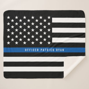 Police Thin Blue Line American Flag Monogram Med. Sherpa Blanket