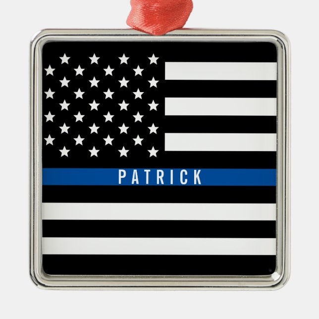 Police Thin Blue Line American Flag Monogram Metal Ornament (Front)