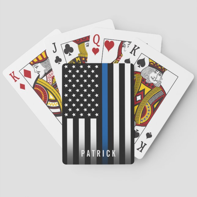 Police Thin Blue Line American Flag Monogram Name Poker Cards (Back)