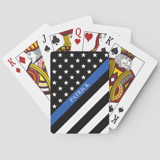 Police Thin Blue Line American Flag Monogram Name Poker Cards (Back)