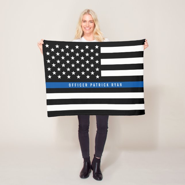 Police Thin Blue Line American Flag Monogram Small Fleece Blanket (In Situ)