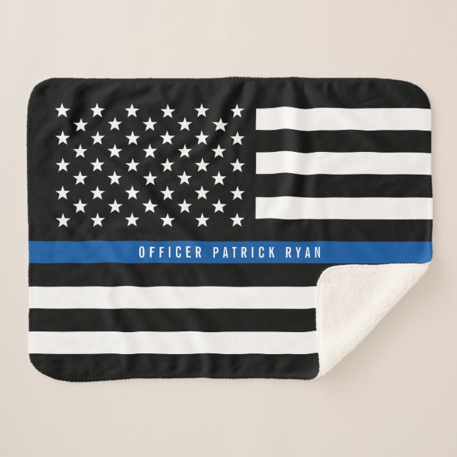Police Thin Blue Line American Flag Monogram Small Sherpa Blanket (Front (Horizontal))